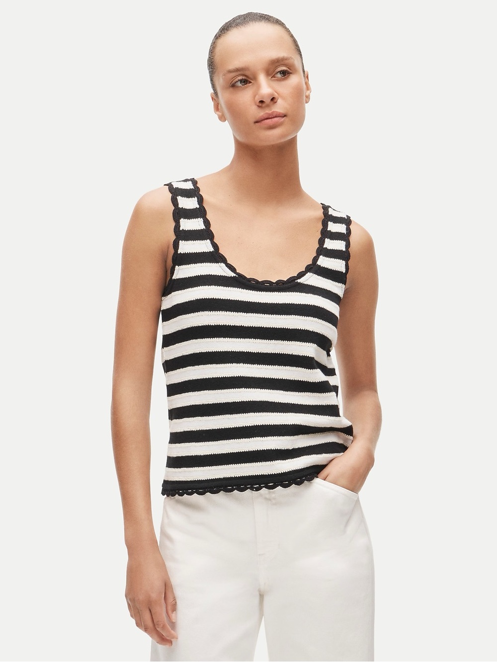J. Crew Jacquard-stripe Black and White Tank Top w/ Crochet Trim, Women's Small